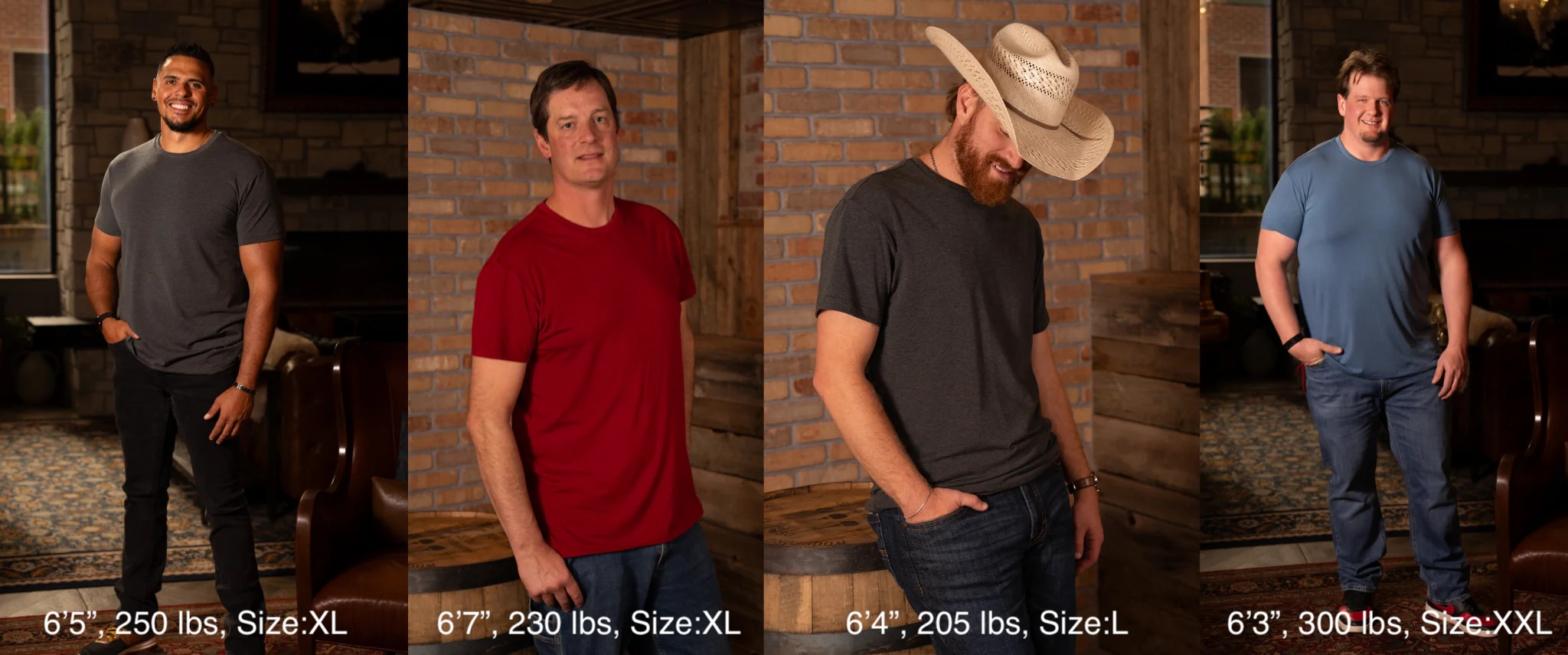 Four men in different colored shirts standing in a rustic setting with wooden walls.