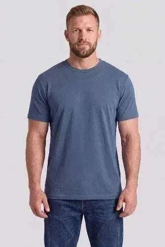 Big and Tall Navy Long Tee in muted blue cotton-blend fabric, with a plain pattern, crew neck, and short sleeves