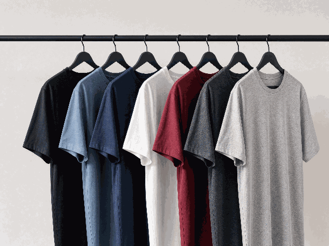 Longer T-Shirts in black, blue, white, red, charcoal and grey, with solid colours, short sleeves and crew necks.