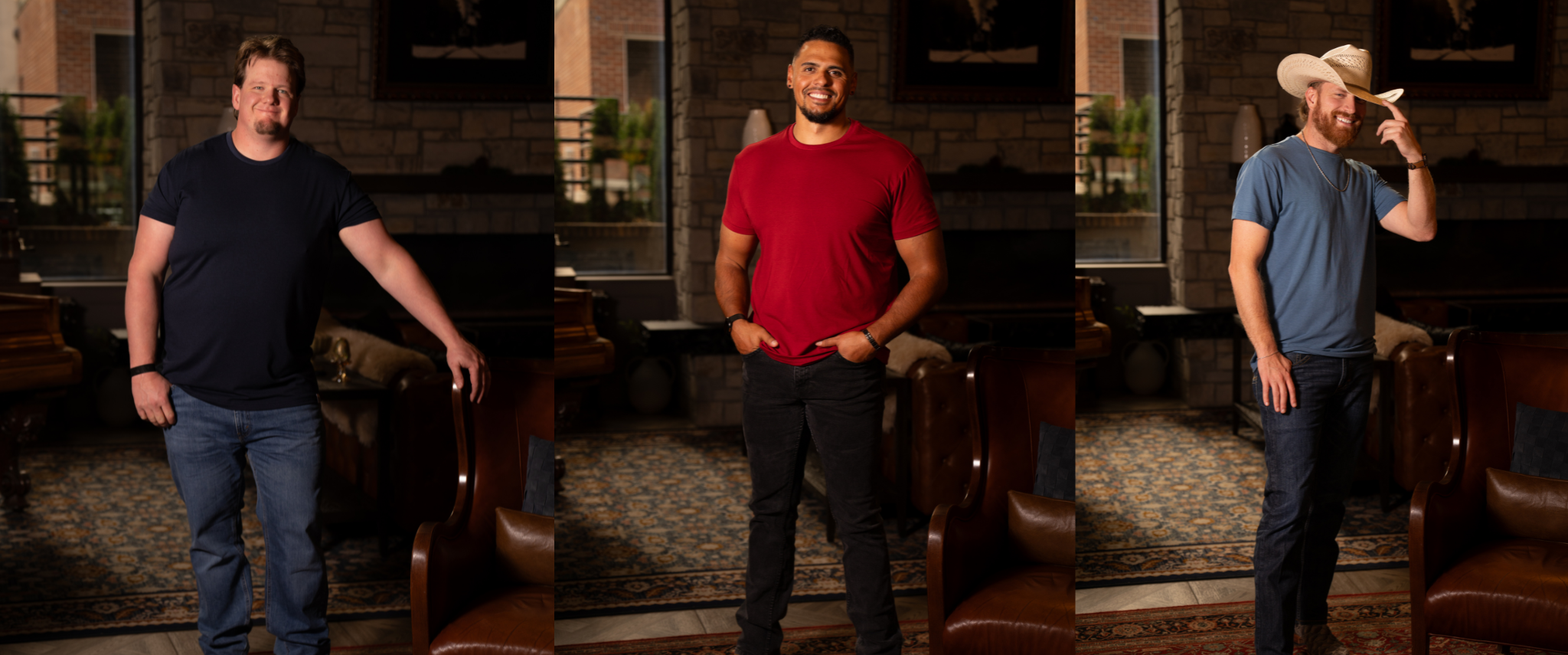 Three different poses of three different men in a restaurant setting