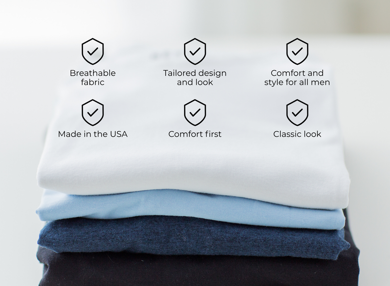 Stack of folded shirts with quality assurance icons and text on a light background