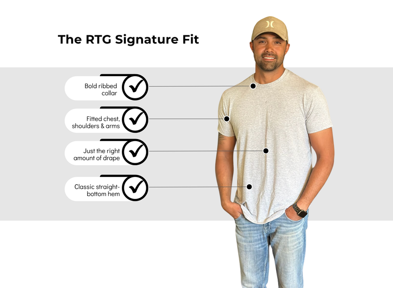 Man wearing a beige t-shirt with text detailing 'The RTG Signature Fit' on a white background